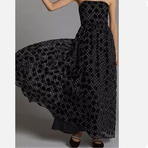 Anthropologie Hutch Black Velvet Polka Dot Strapless Corseted Maxi Dress